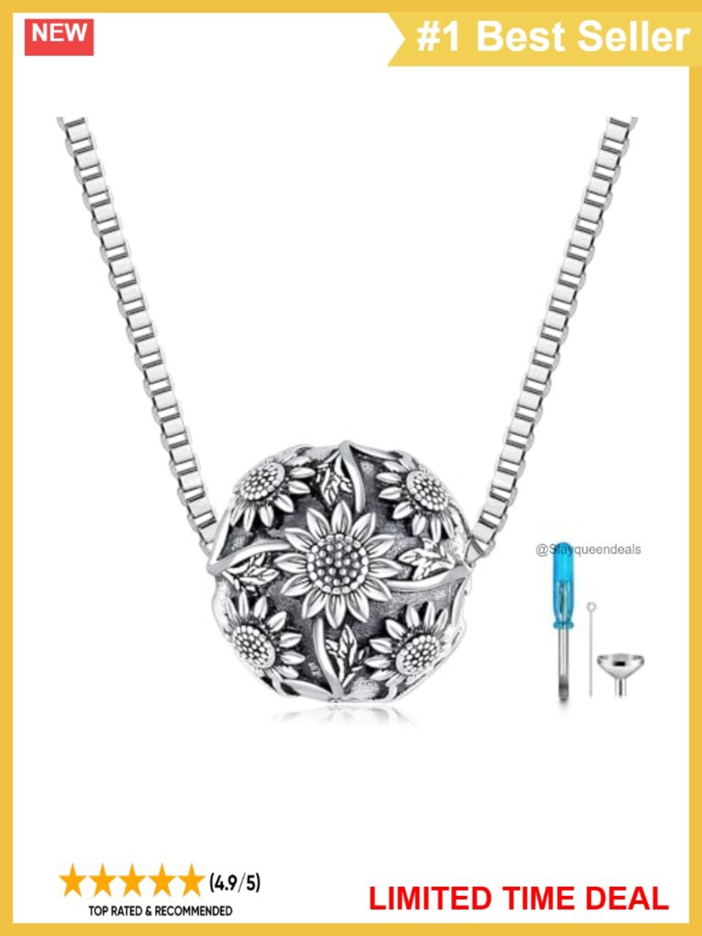 Sunflower Urn Pendant Necklace Stainless Steel Memorial Keepsake Jewelry